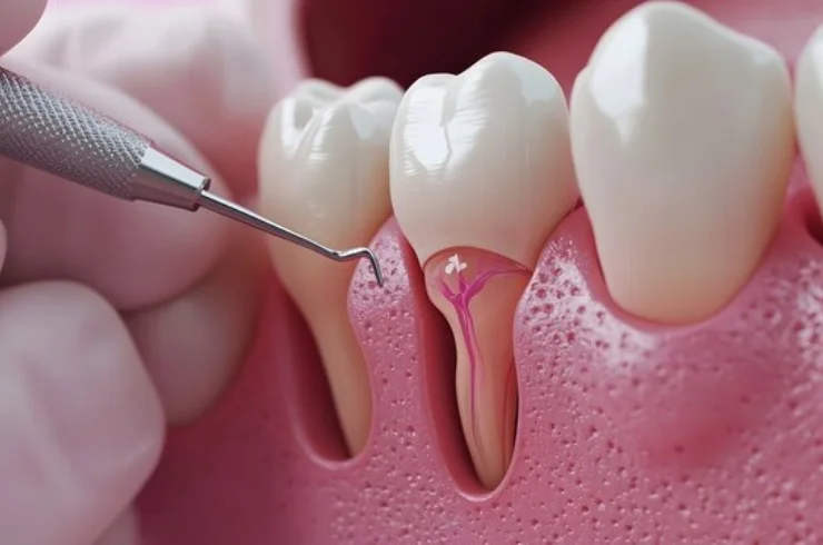 model of human jaw showing gum recession and exposed sensitive dental nerves